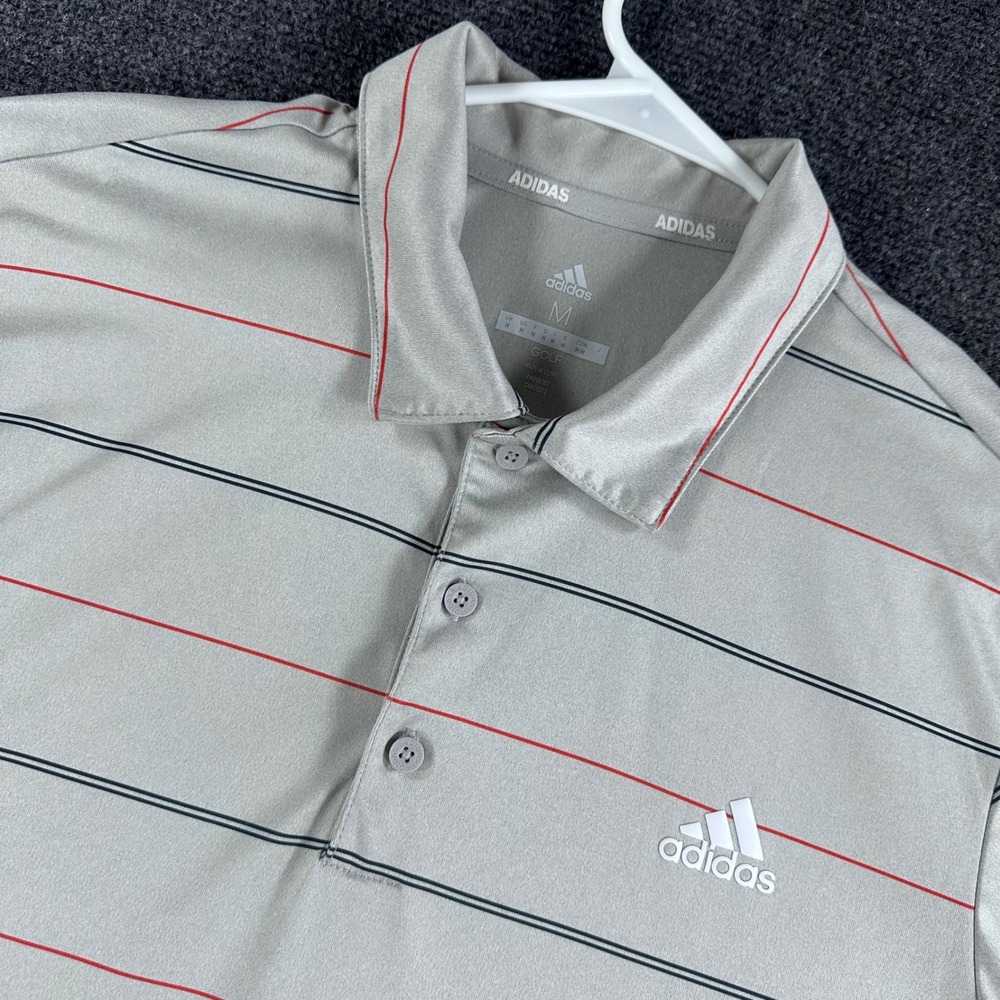 Adidas Golf Mens Medium Gray Striped Short Sleeve Performance Polo Shirt